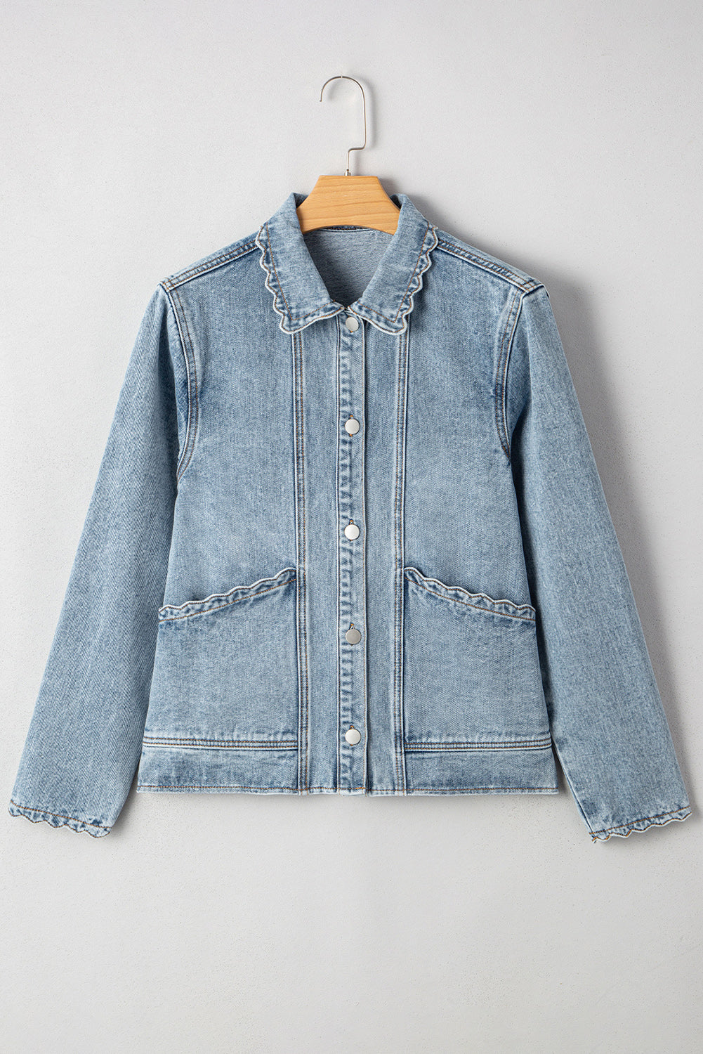Myosotis Scallop Trim Collar Patched Pocket Button Up Denim Jacket Denim Jackets JT's Designer Fashion