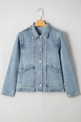 Myosotis Scallop Trim Collar Patched Pocket Button Up Denim Jacket Denim Jackets JT's Designer Fashion