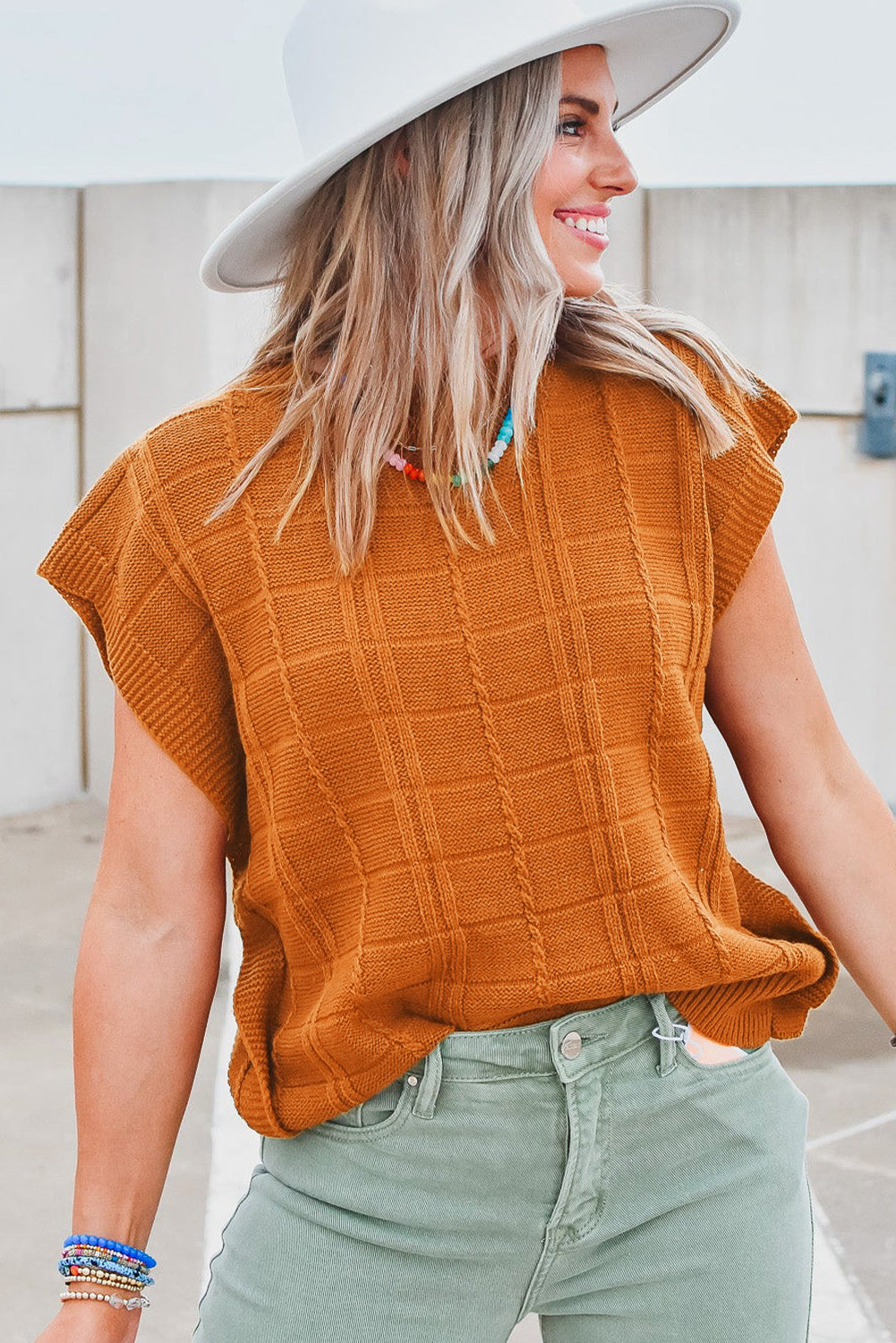 Chestnut Grid Textured Short Sleeve Sweater Sweaters & Cardigans JT's Designer Fashion