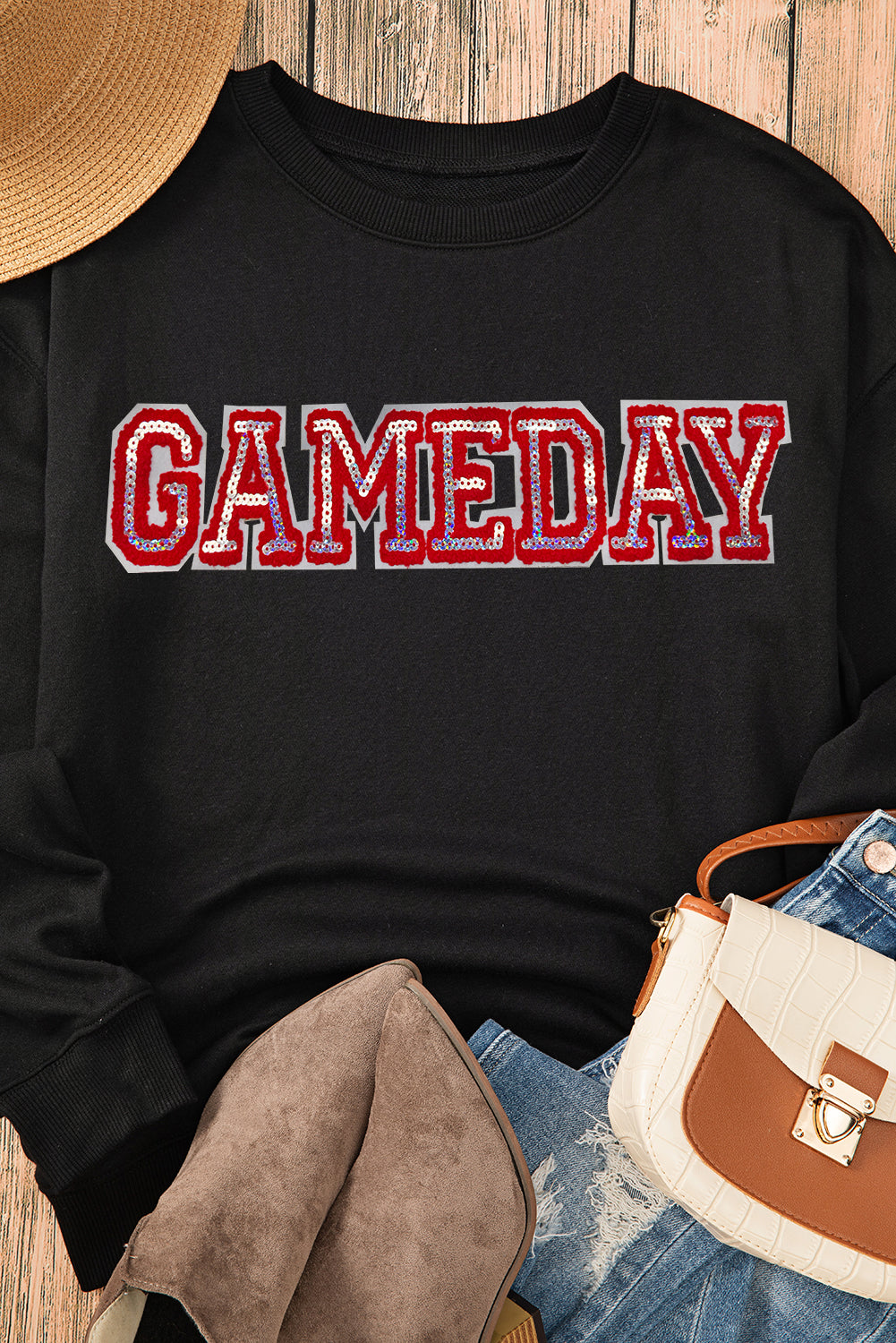 Black Sequined GAME DAY Rugby Football Season Sweatshirt Graphic Sweatshirts JT's Designer Fashion
