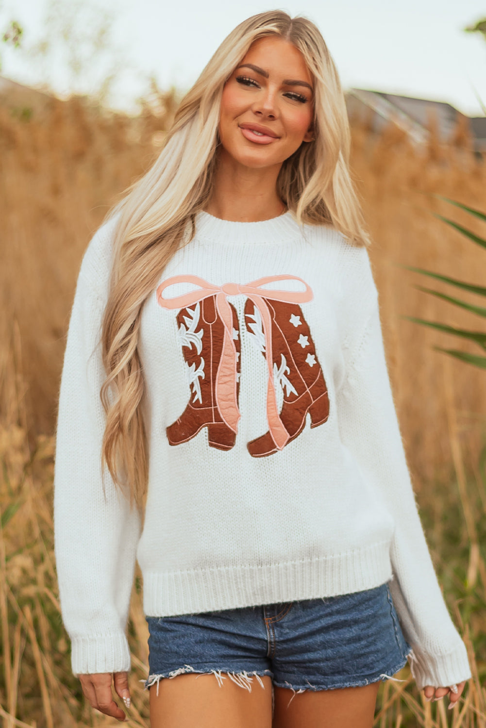 White Embroidered Bow Boots Graphic Drop Shoulder Sweater Sweaters JT's Designer Fashion