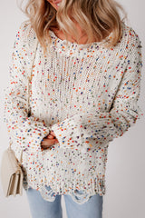 White Colorful Confetti Distressed Knit Sweater White 100%Polyester Sweaters JT's Designer Fashion