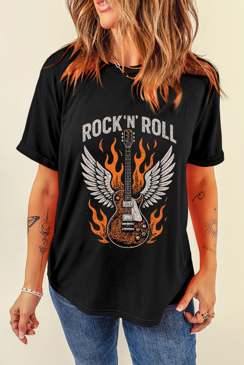 Black Guitar Wings Slogan Print Crew Neck T Shirt Graphic Tees JT's Designer Fashion