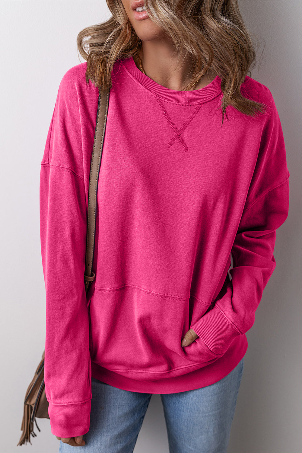 Rose Red Drop Shoulder Crisscross Stitching Pocketed Loose Sweatshirt Sweatshirts & Hoodies JT's Designer Fashion