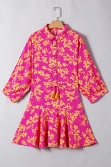 Pink Floral Print Drawstring Tunic Flowy Short Dress Floral Dresses JT's Designer Fashion