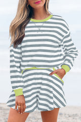 Gray Stripe Contrast Ribbed Banding Long Sleeve Blouse Loose Shorts Set Short Sets JT's Designer Fashion