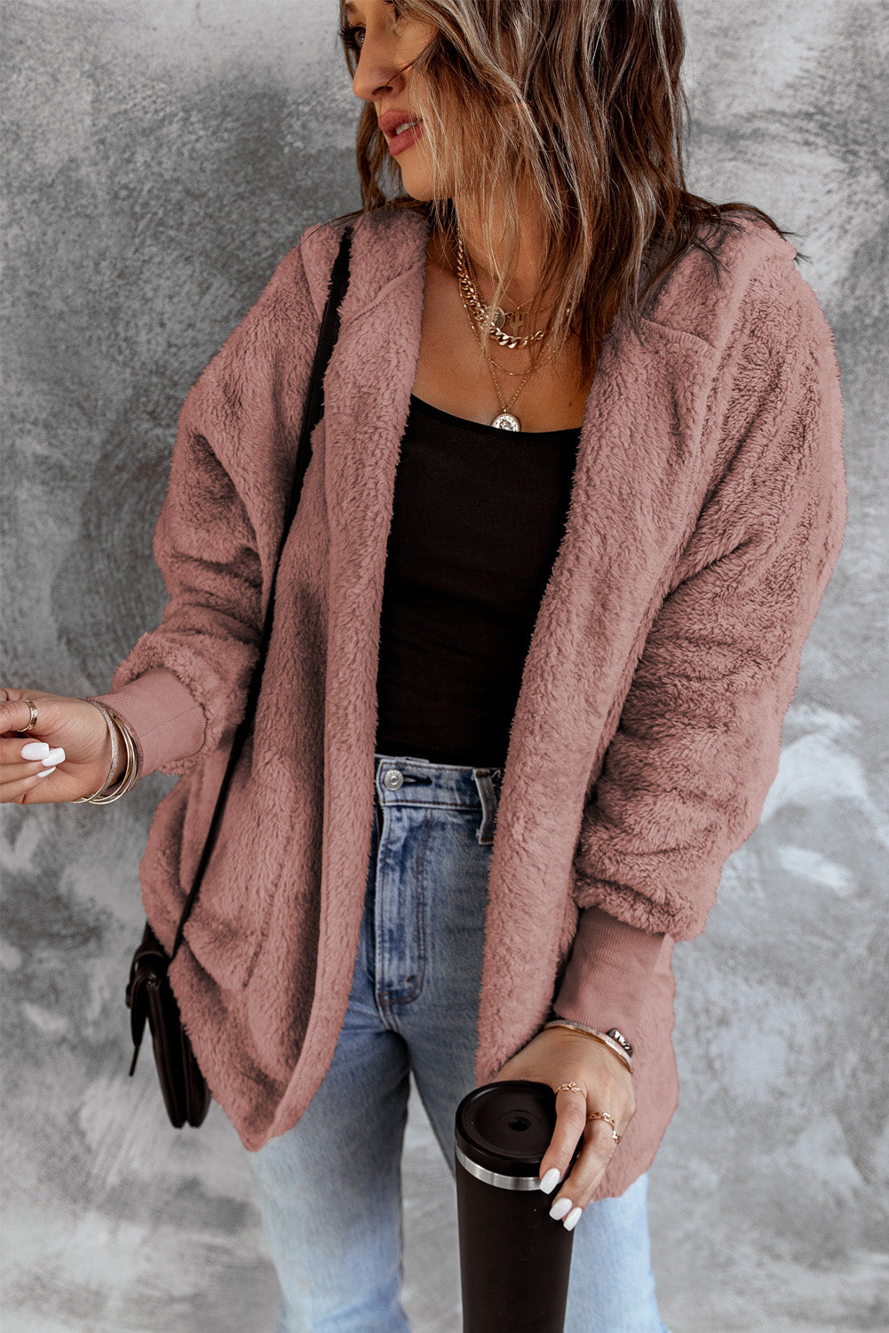 Pink Pink Soft Fleece Hooded Open Front Jacket Jackets JT's Designer Fashion