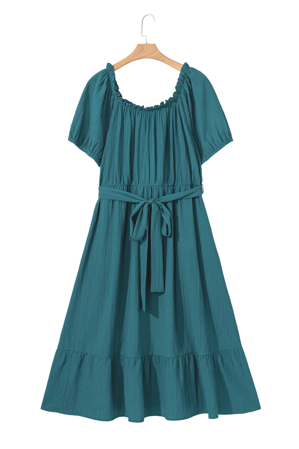 Skobeloff Frilled U Neck Puff Sleeve Belted Ruffle Hem Plus Size Midi Dress Plus Size Mini Dresses JT's Designer Fashion