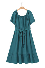 Skobeloff Frilled U Neck Puff Sleeve Belted Ruffle Hem Plus Size Midi Dress Plus Size Mini Dresses JT's Designer Fashion