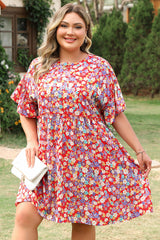 Red Dainty Flower Printed Plus Size Short Sleeve Shift Dress Red 100%Polyester Plus Size Mini Dresses JT's Designer Fashion