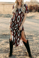 Red Western Aztec Printed Long T-shirt Dress T Shirt Dresses JT's Designer Fashion