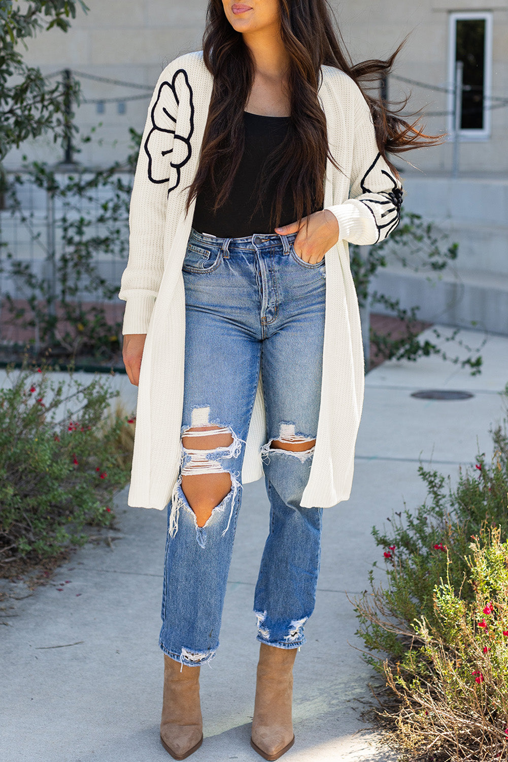 Beige Flower Embroidered Drop Shoulder Open Front Duster Cardigan Cardigans JT's Designer Fashion
