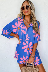 Blue Summer Flower Print Shirt Collar Button Front Loose Romper Jumpsuits & Rompers JT's Designer Fashion
