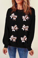 Black Rugby Football Bowknot Patched Crew Neck Game Day Sweatshirt Graphic Sweatshirts JT's Designer Fashion