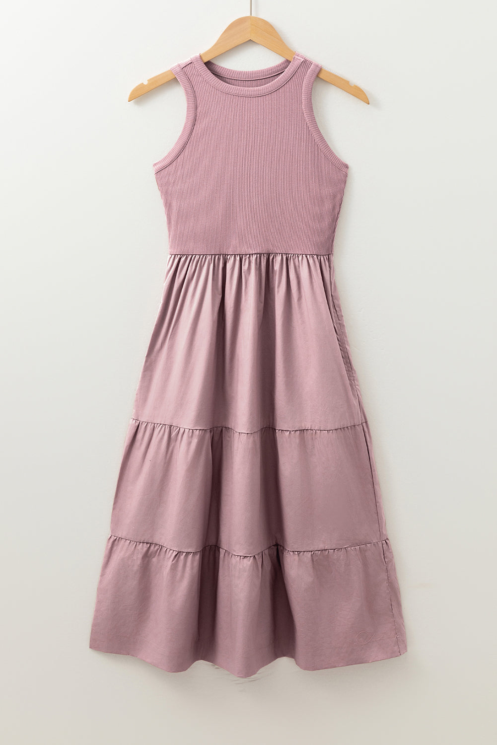 Sepia Rose Ribbed Vest Patchwork Tiered Midi Dress with Pockets Midi Dresses JT's Designer Fashion