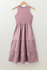 Sepia Rose Ribbed Vest Patchwork Tiered Midi Dress with Pockets Midi Dresses JT's Designer Fashion