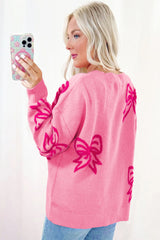 Pink Bow Pattern Drop Shoulder Loose Sweater Sweaters JT's Designer Fashion