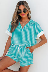Sky Blue Stripe V Neck Tee and Casual Short Set Short Sets JT's Designer Fashion