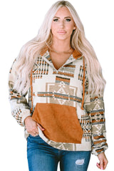 Beige Aztec Print Kangaroo Pocket Half-Zip Hoodie Sweatshirts & Hoodies JT's Designer Fashion