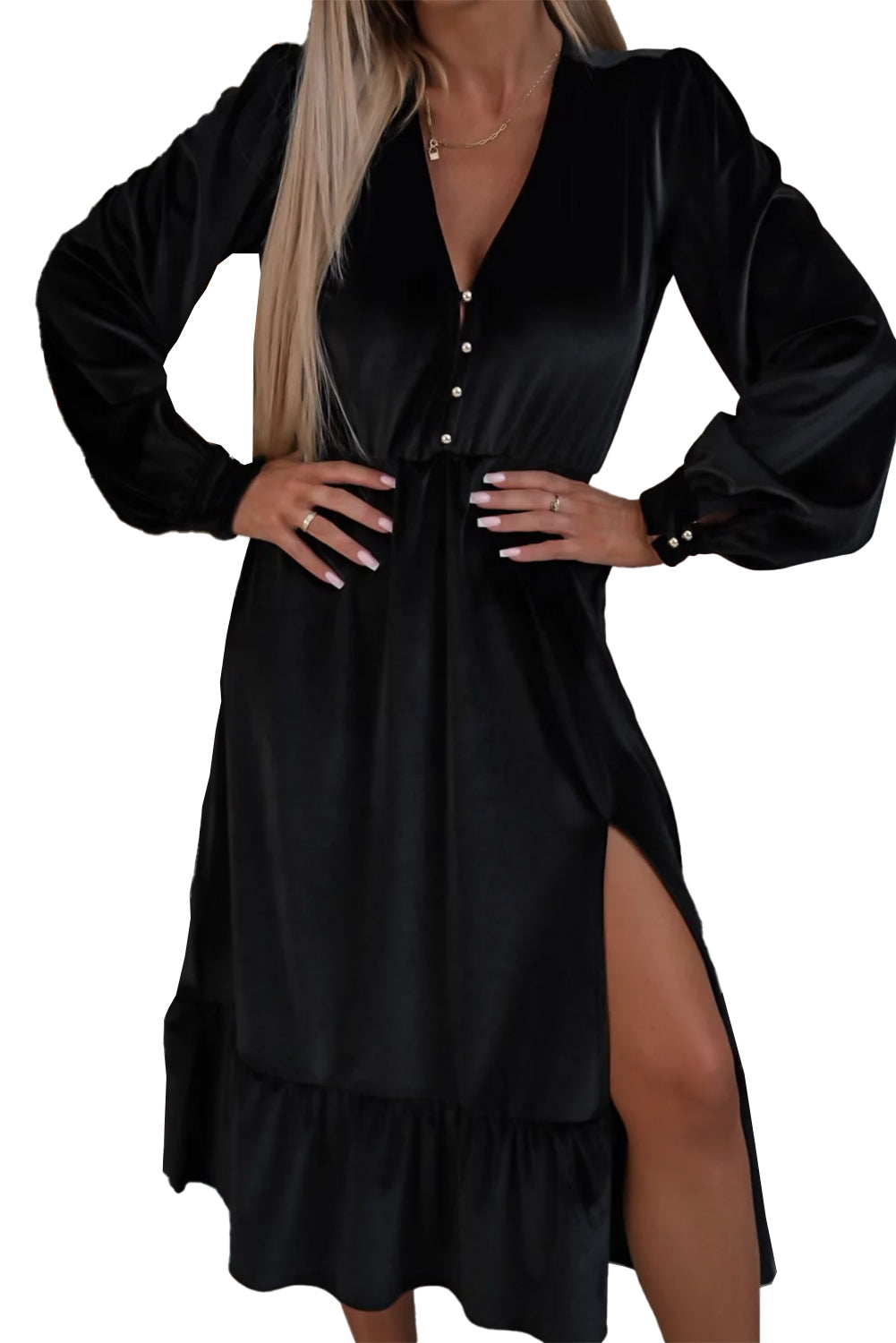 Black Velvet Buttoned Puff Sleeve V Neck Split Midi Dress Midi Dresses JT's Designer Fashion