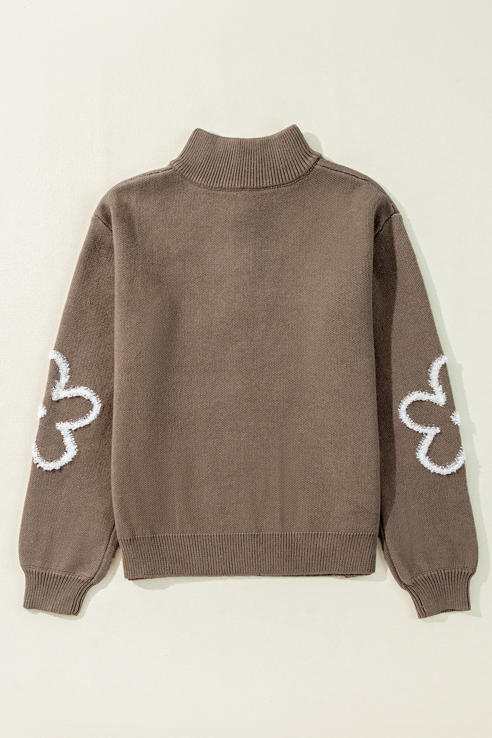 Parchment Contrast Flower Half Zipper Stand Neck Sweater Sweaters JT's Designer Fashion