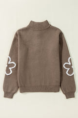 Parchment Contrast Flower Half Zipper Stand Neck Sweater Sweaters JT's Designer Fashion