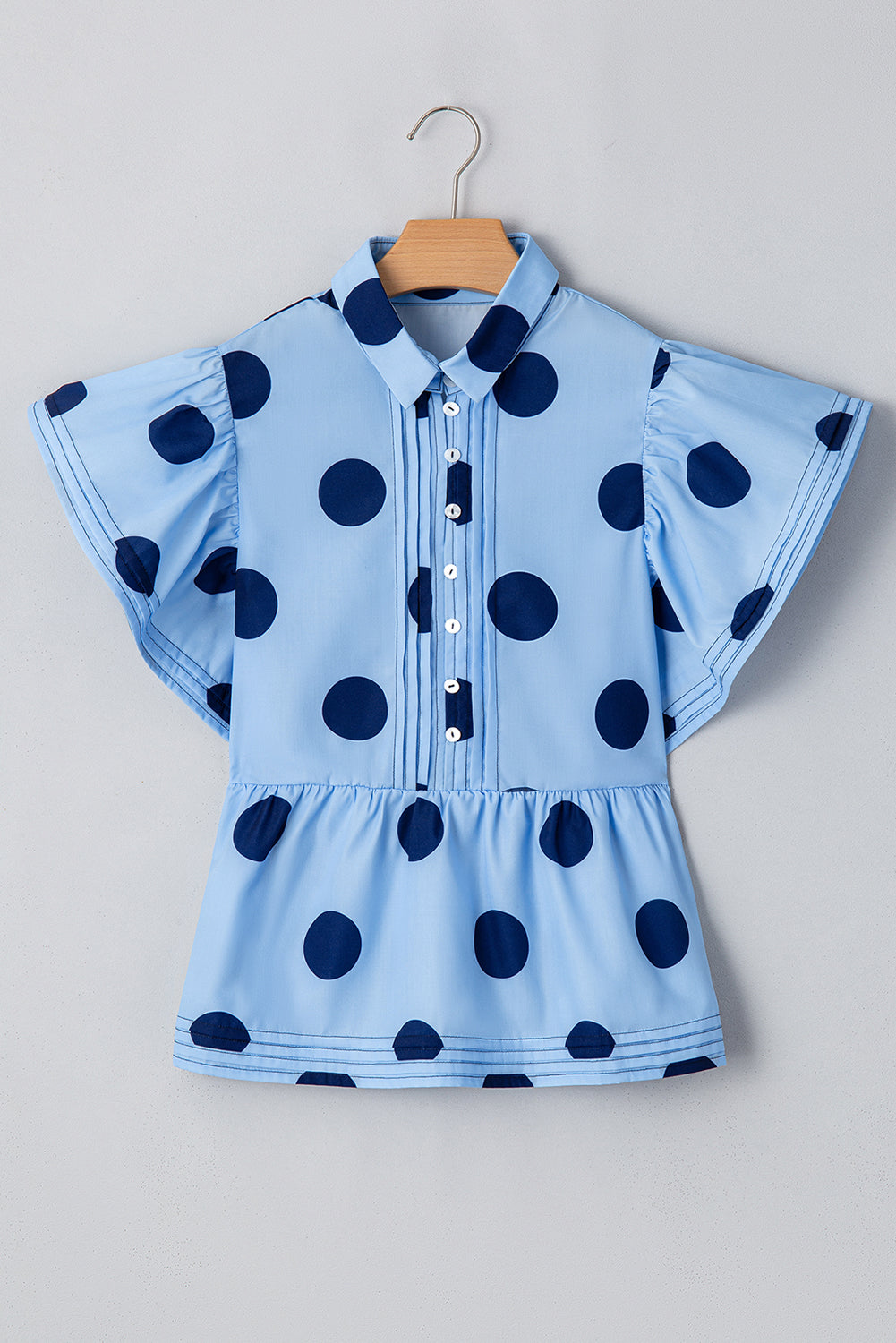 Sky Blue Polka Dot Print Ruffled Short Sleeve Buttoned Collared Blouse Blouses & Shirts JT's Designer Fashion