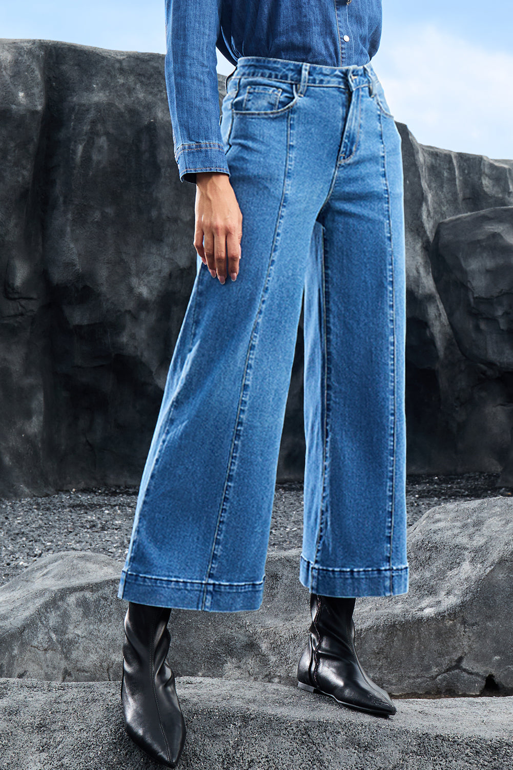 Dark Blue Plain Seam Detail Flared Bottom Ankle Length Jeans Jeans JT's Designer Fashion