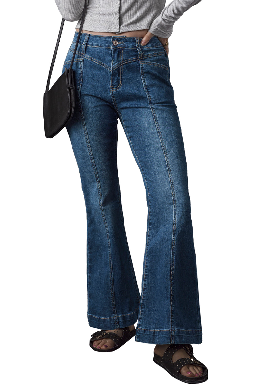 Blue High Waist Seam Stitching Pocket Flare Jeans Jeans JT's Designer Fashion