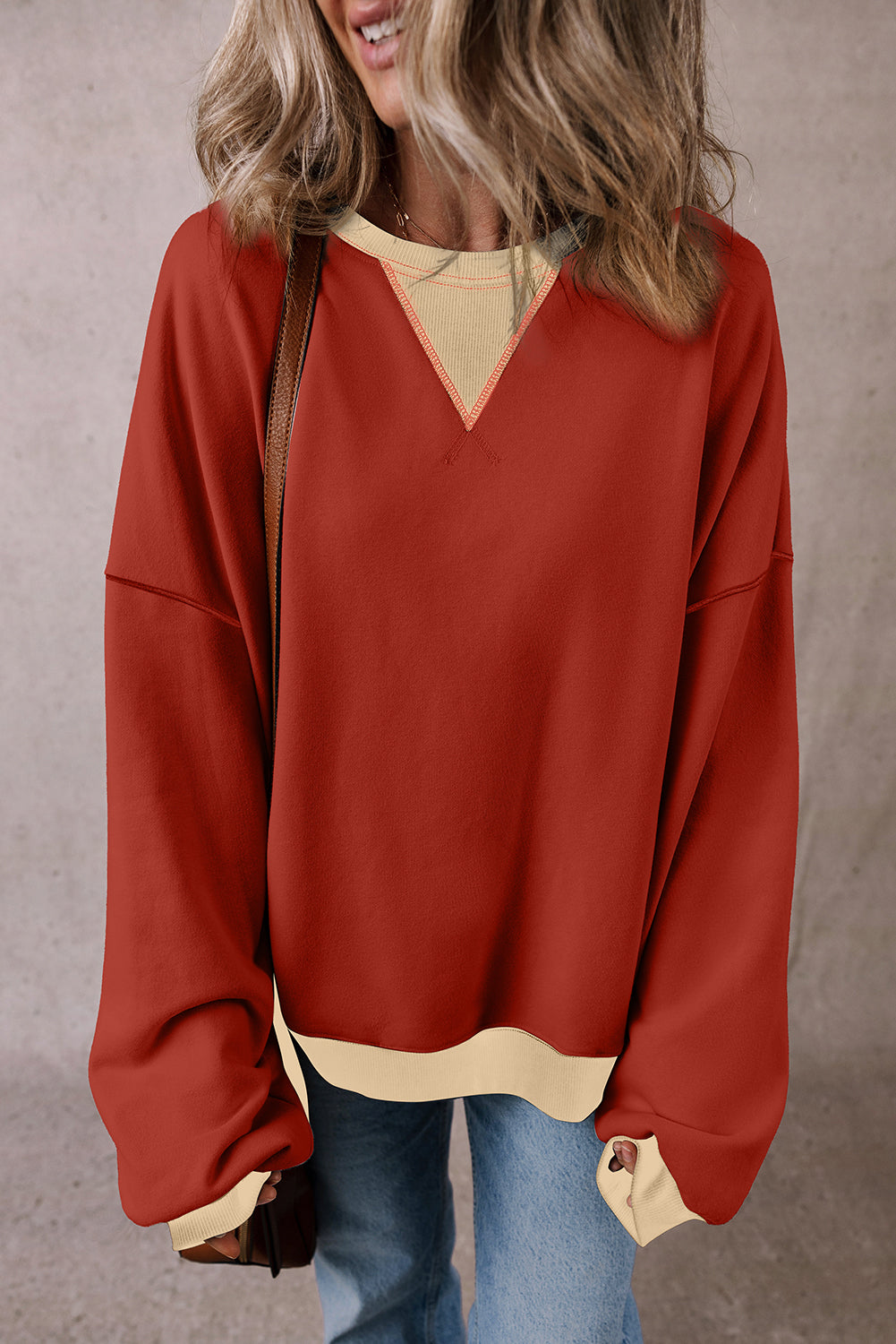 Red Clay Color Block Patch Drop Shoulder Oversized Sweatshirt Sweatshirts & Hoodies JT's Designer Fashion