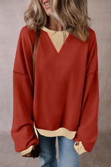 Red Clay Color Block Patch Drop Shoulder Oversized Sweatshirt Sweatshirts & Hoodies JT's Designer Fashion