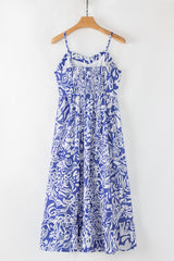 Sky Blue Floral Print Spaghetti Strap High Waist Maxi Dress Floral Dresses JT's Designer Fashion