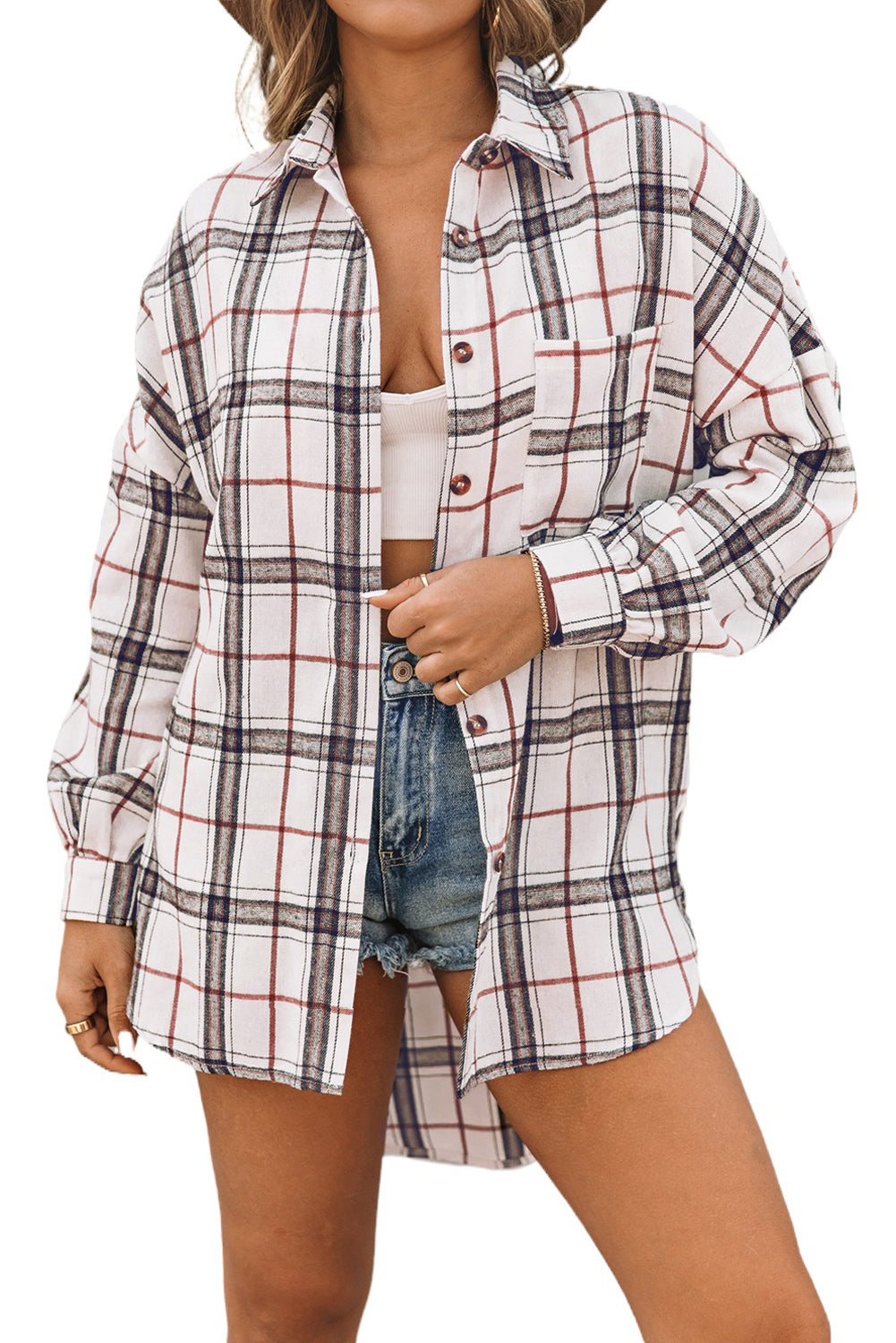 White Oversized Plaid Pattern Shacket with Slits Plaid Shackets JT's Designer Fashion