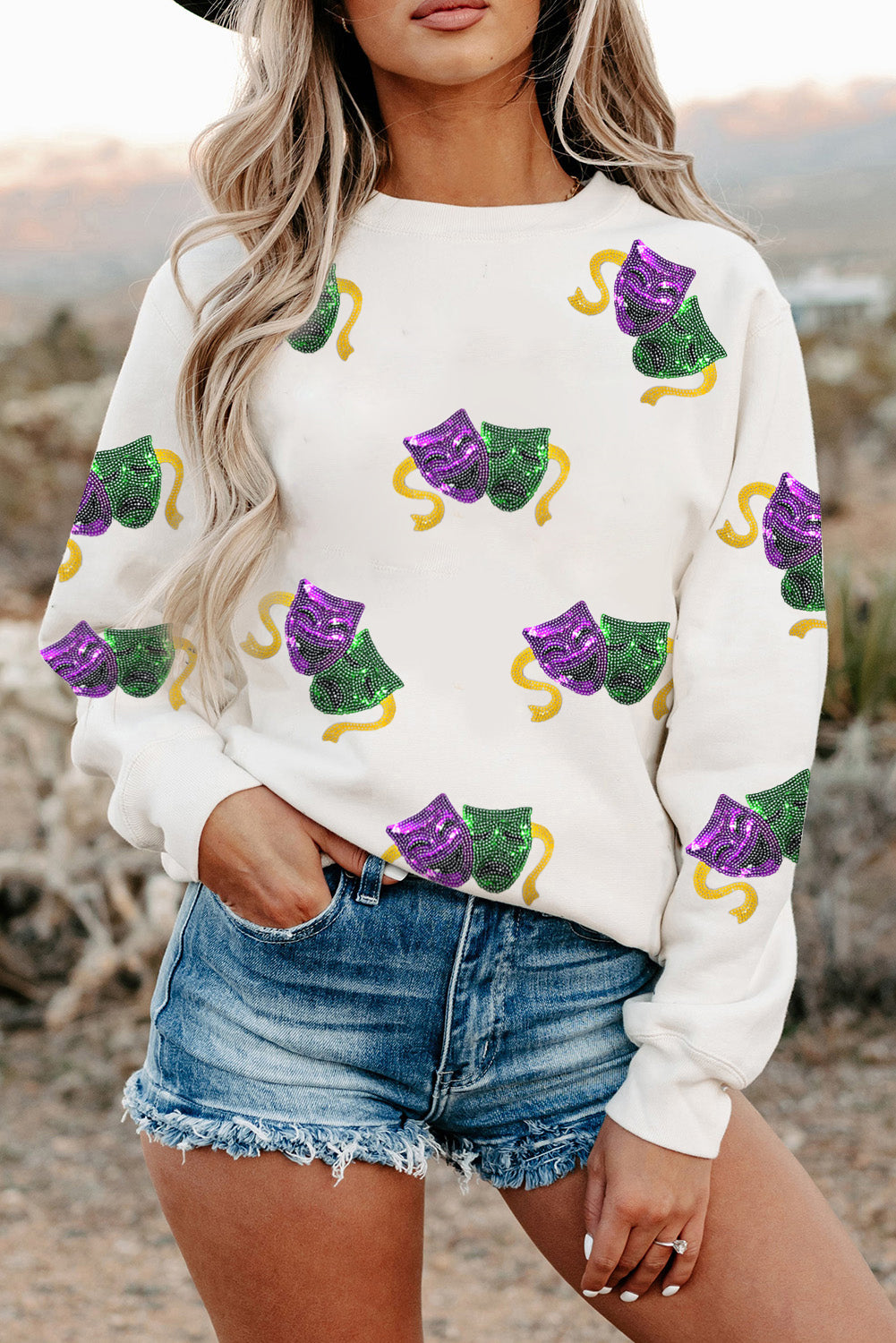 White Sequined Mardi Gras Mask Pattern Drop Shoulder Sweatshirt Graphic Sweatshirts JT's Designer Fashion