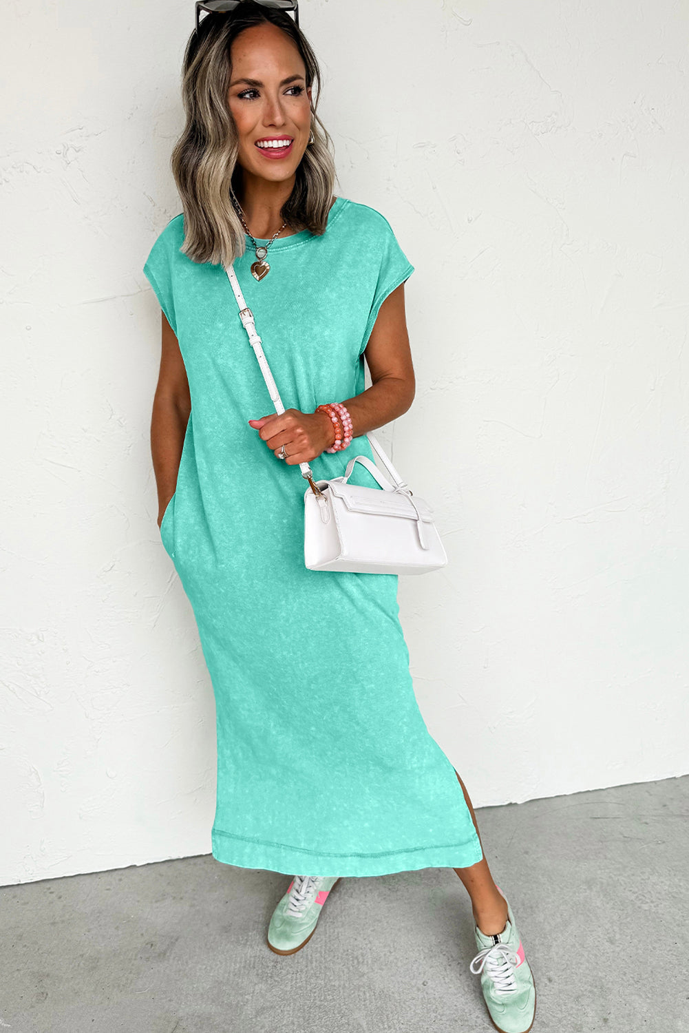 Clearly Aqua Mineral Wash Pocketed T-shirt Long Dress T Shirt Dresses JT's Designer Fashion