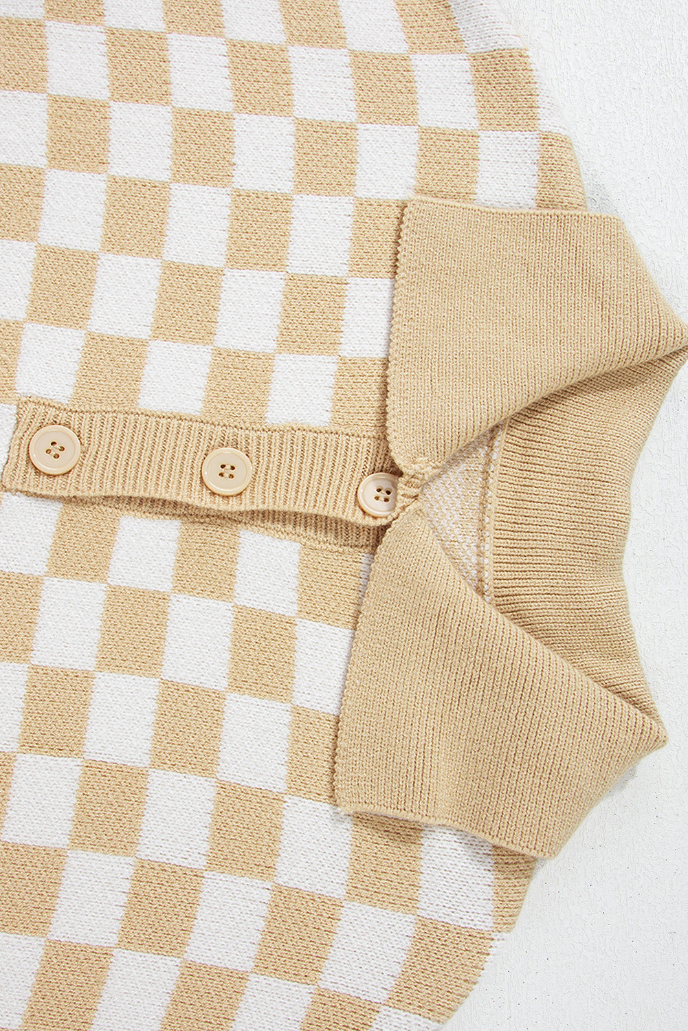 Apricot Checkered Buttons Collar V Neck Drop Shoulder Sweater Sweaters JT's Designer Fashion