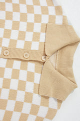 Apricot Checkered Buttons Collar V Neck Drop Shoulder Sweater Sweaters JT's Designer Fashion