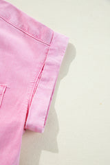 Pink Short Sleeve Double Chest Pocket Denim Shirt Dress Mini Dresses JT's Designer Fashion