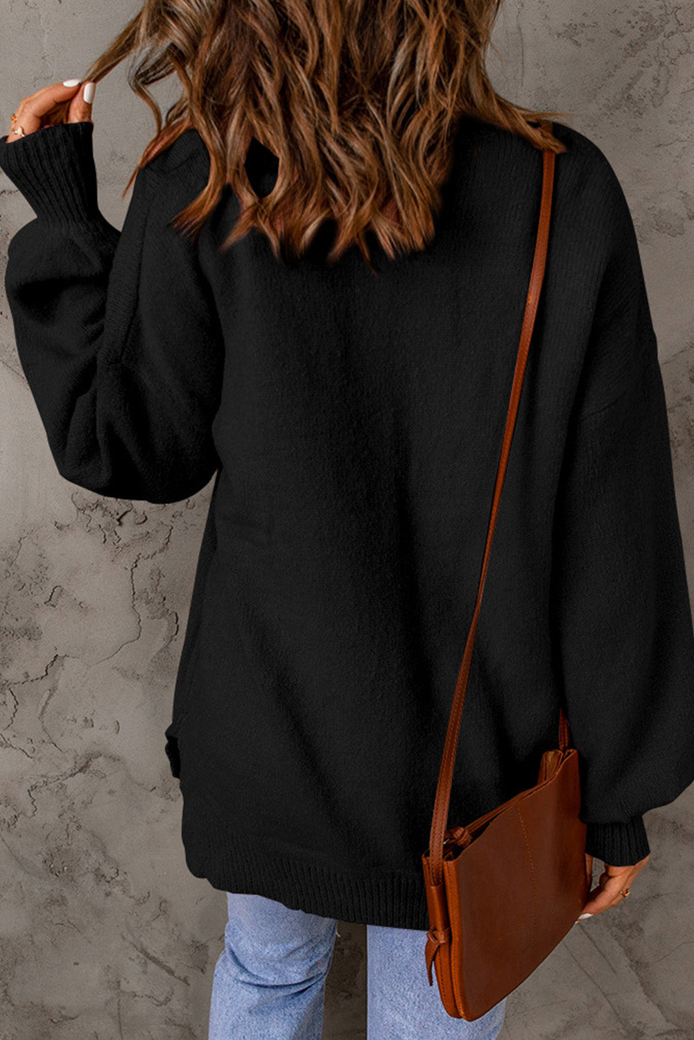Black Solid Color Puffy Sleeve Pocketed Sweater Sweaters & Cardigans JT's Designer Fashion