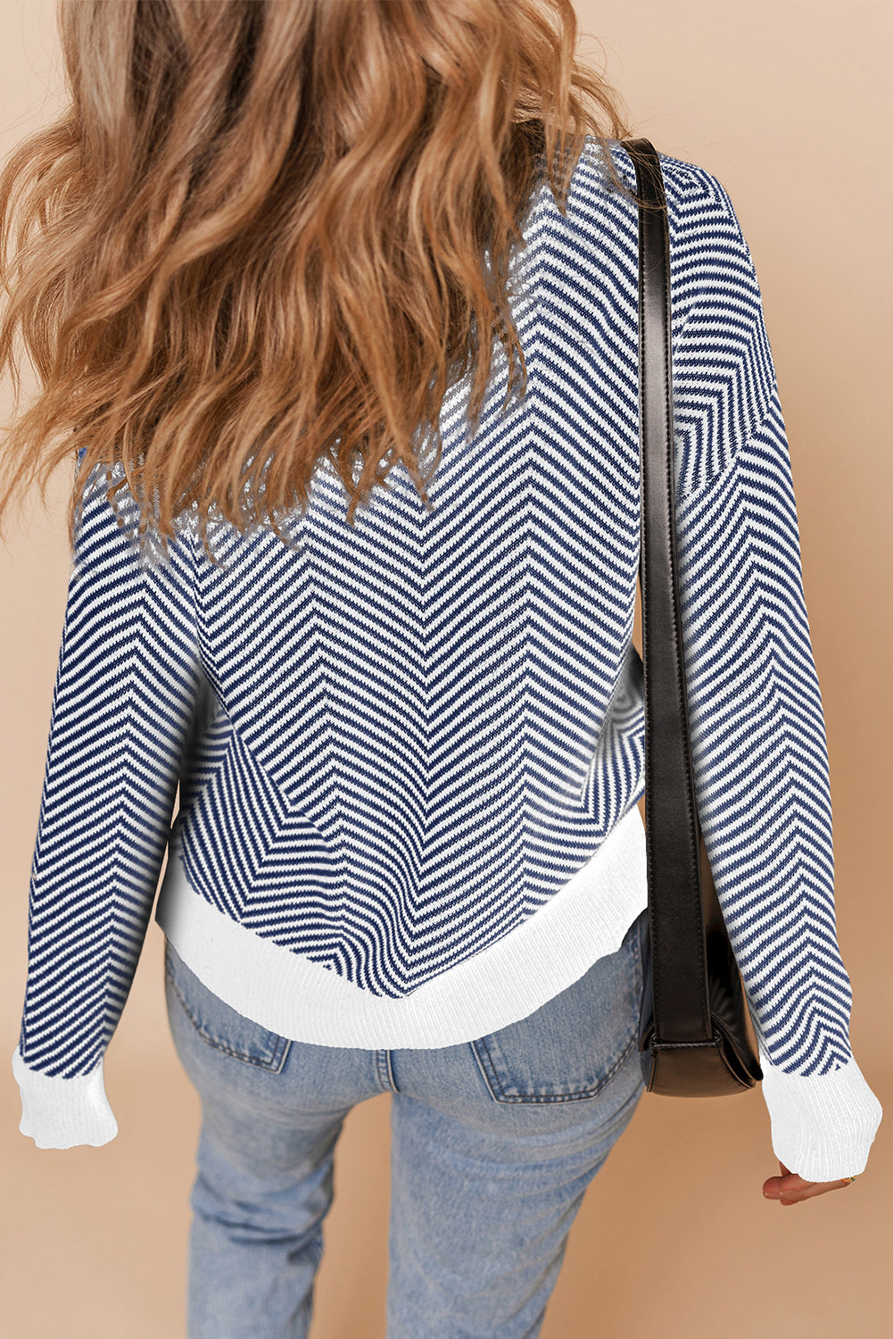 Blue Stripe Buttoned Front V Neck Herringbone Cardigan Cardigans JT's Designer Fashion