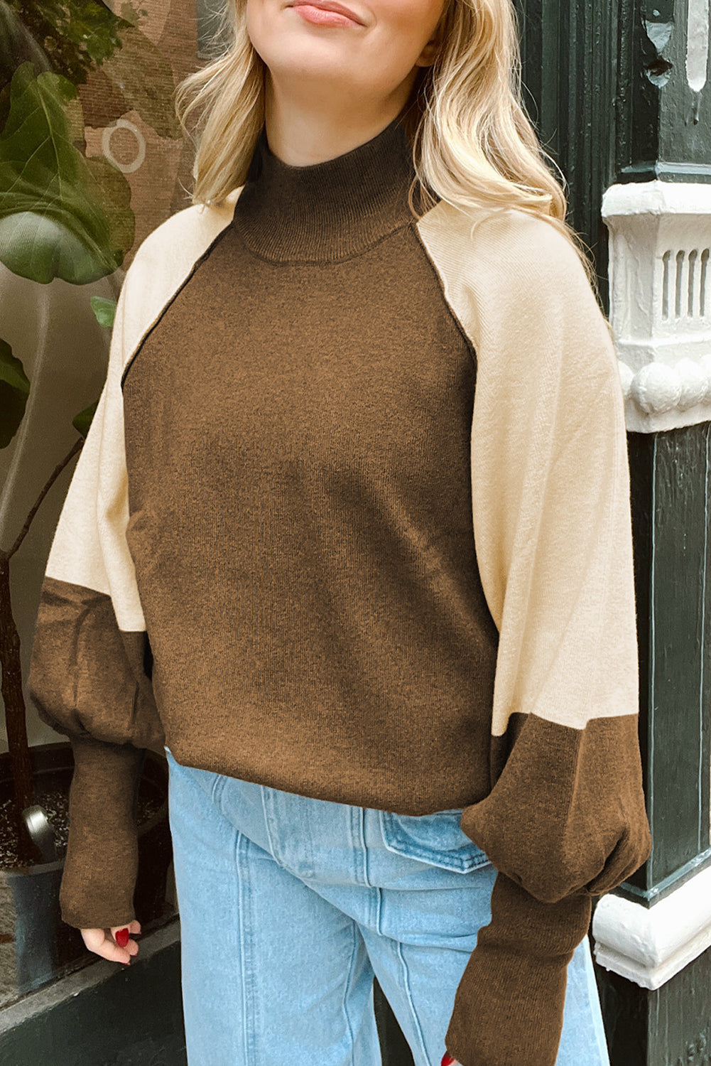 Desert Palm Colorblock Raglan Puff Sleeve Mock Neck Sweater Desert Palm 52%Viscose+26%Polyester+22%Polyamide Sweaters JT's Designer Fashion