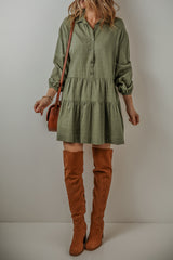 Jungle Green Puff Sleeve Buttoned Tiered Pleated Shirt Mini Dress Mini Dresses JT's Designer Fashion