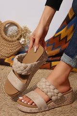 Light French Beige Woven Suede Band Wedge Slippers Slippers JT's Designer Fashion