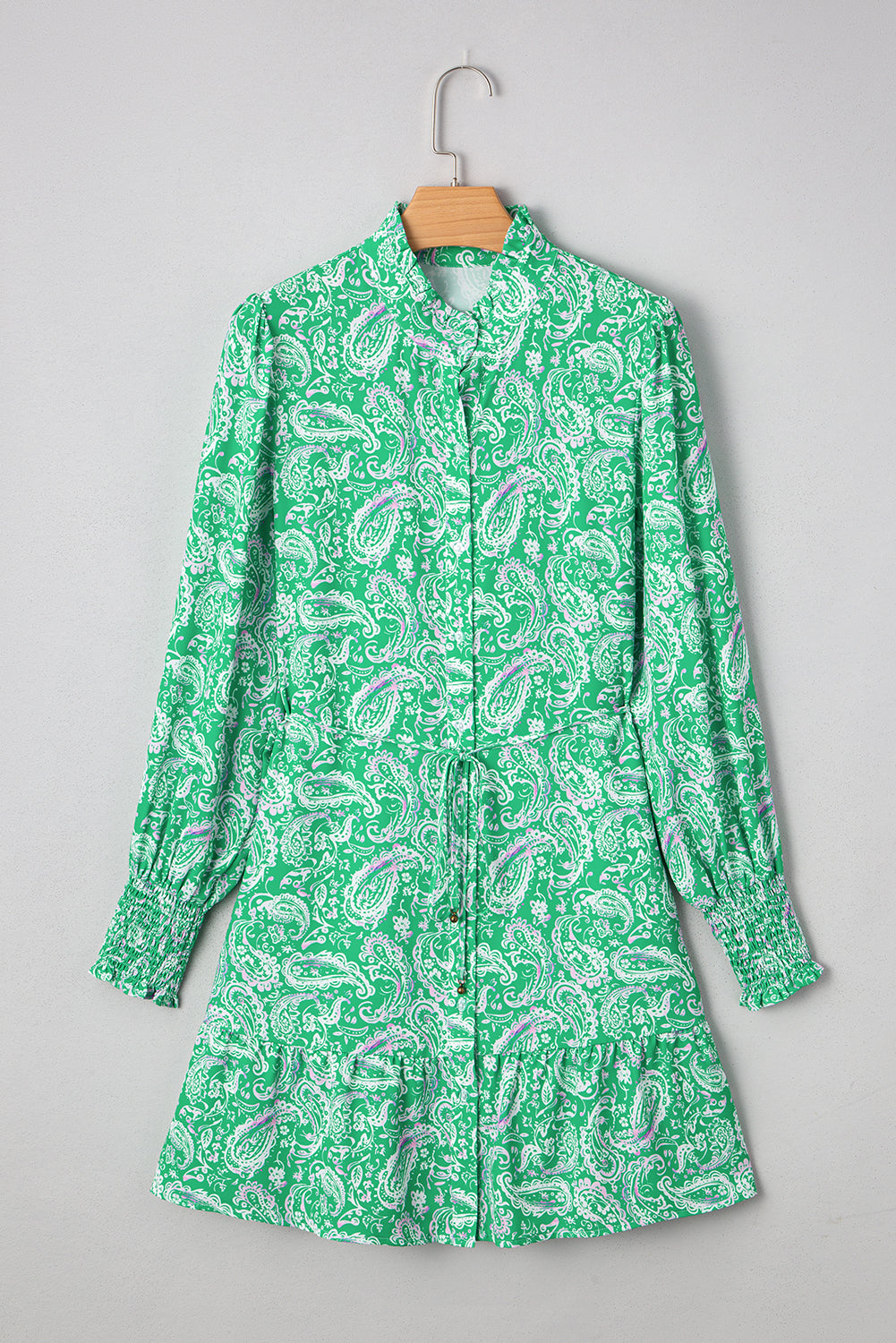 Green Paisley Print Long Sleeve Button Front Tied Waist Mini Dress Mini Dresses JT's Designer Fashion
