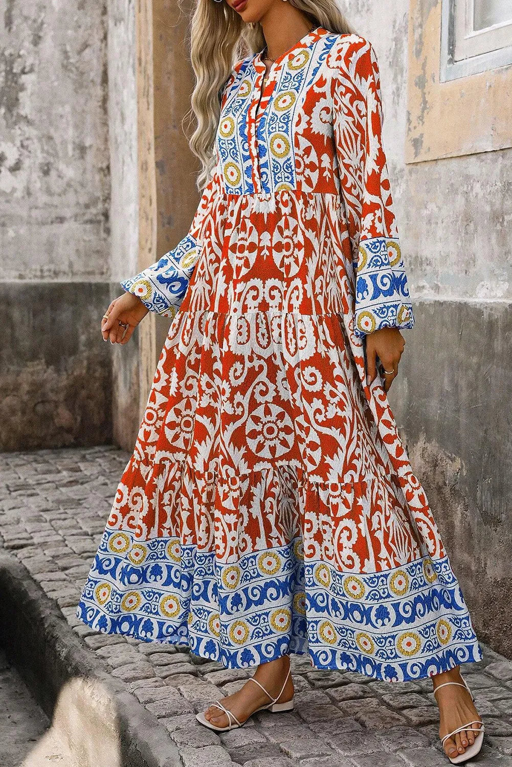 Printed Notched Long Sleeve Long Dress Maxi Dresses JT's Designer Fashion