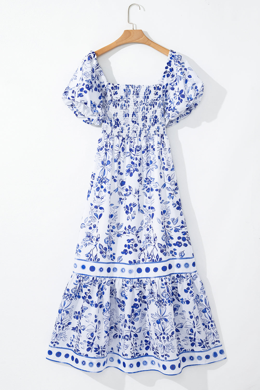 Sky Blue Floral Print Square Neck Bubble Sleeve High Waist Long Dress Maxi Dresses JT's Designer Fashion