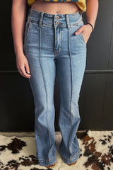 Dusk Blue 2 Button High Waist Piping Trim Bootcut Jeans Dusk Blue 65%Cotton+33%Polyester+2%Elastane Jeans JT's Designer Fashion