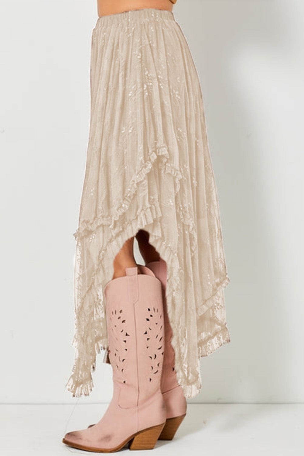 Apricot Lace Cascading Tiered High Waist Maxi Skirt Skirts & Petticoat JT's Designer Fashion
