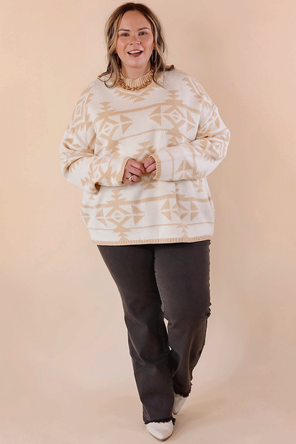 Apricot Plus Size Western Aztec Print Loose Sweater Plus Size Sweaters & Cardigans JT's Designer Fashion