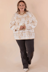 Apricot Plus Size Western Aztec Print Loose Sweater Plus Size Sweaters & Cardigans JT's Designer Fashion